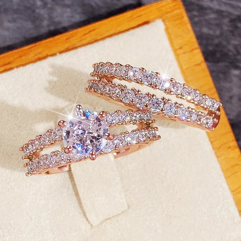 Huitan Sparkling 2Pcs Set Cubic Zirconia Rings for Women Wedding Engagement Fashion Jewelry Luxury Trendy Female Rings Wholesale
