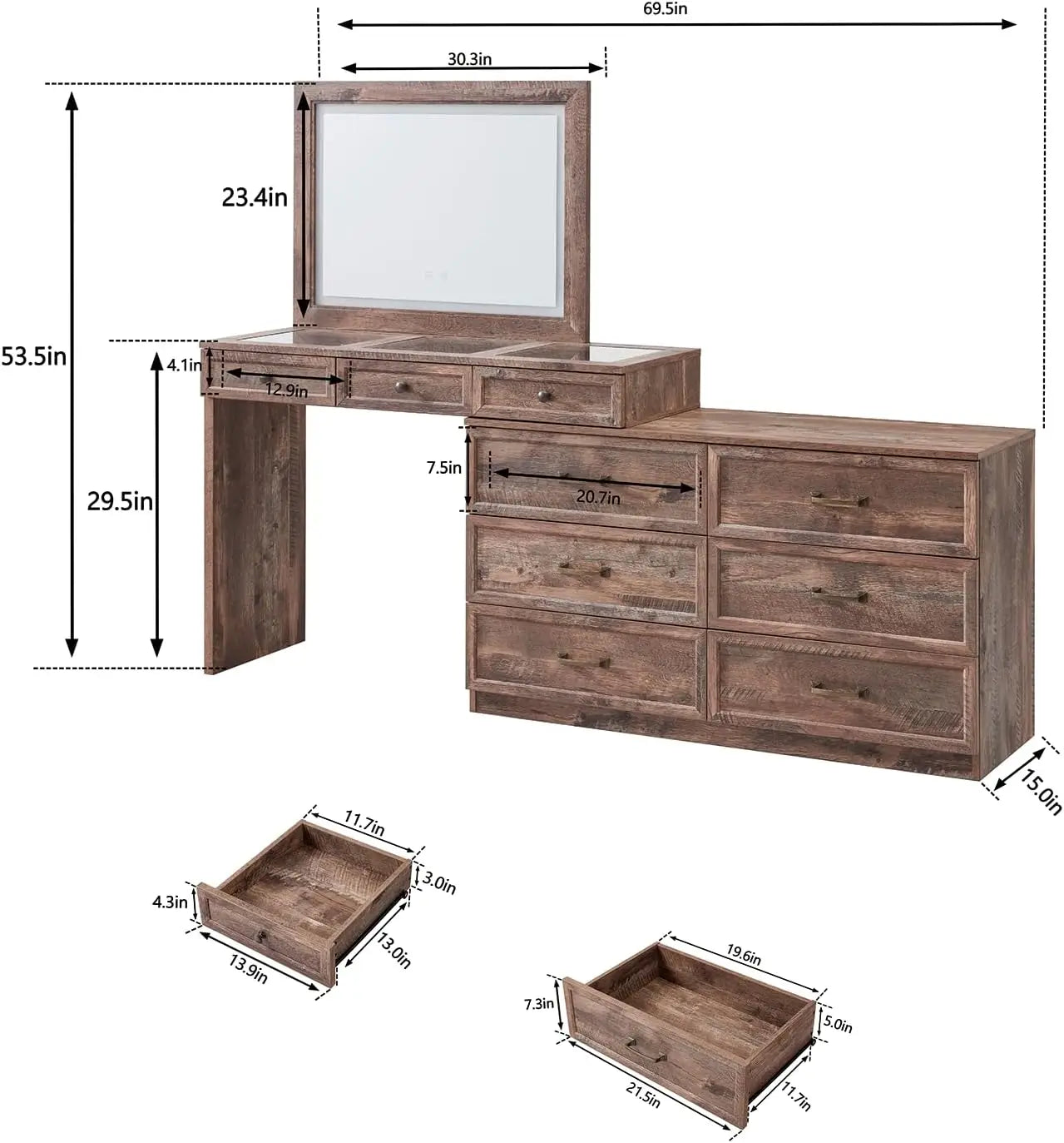 69" B rustikale Schlafzimmerkommode aus Holz mit Glasplatte, 9 großen Schubladen, 3 farbigen Leuchten und 30" HD-LED-Spiegel