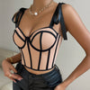 2024 New European and American Style Design Sensual Spice Girl Ribbon Strap Crop Tops Patchwork Stripe Fishbone Bandage Corsets