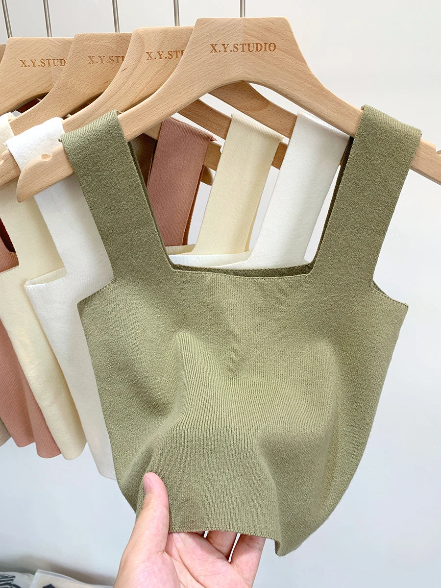 2026 Summer Women Sexy Sleeveless Tops Fashion Short Square Collar Tank Tops 6 Colors Knitted