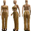 FAGADOER Sexy Hollow Out Tassels Pants Two Piece Sets Women Halter Sleeveless Backless Crop Top + Pants Outfit Female Streetwear