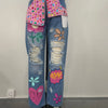 Chic Women Spring Floral Embroidery Diamonds Beaded Holes Denim Pants High Waist Loose Rhinestones Jeans Cowboy Broken Trousers