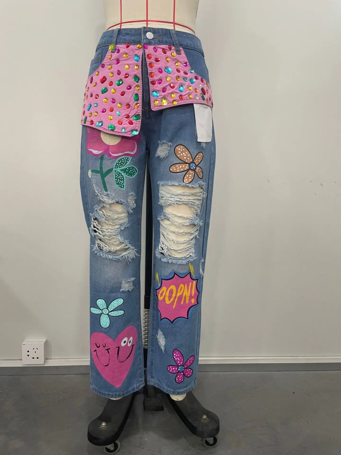Chic Women Spring Floral Embroidery Diamonds Beaded Holes Denim Pants High Waist Loose Rhinestones Jeans Cowboy Broken Trousers