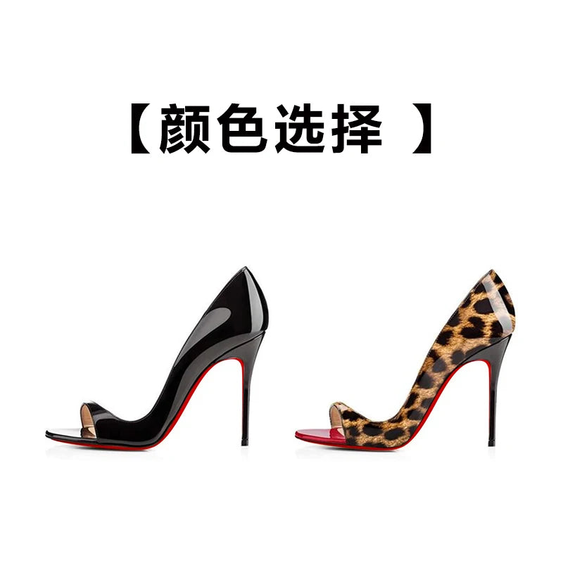 2025 New European Station 12cm Sexy Black Super High Heels Side Empty Fish Mouth Sandals Thin Heels Red Bottom Fashion Shoes
