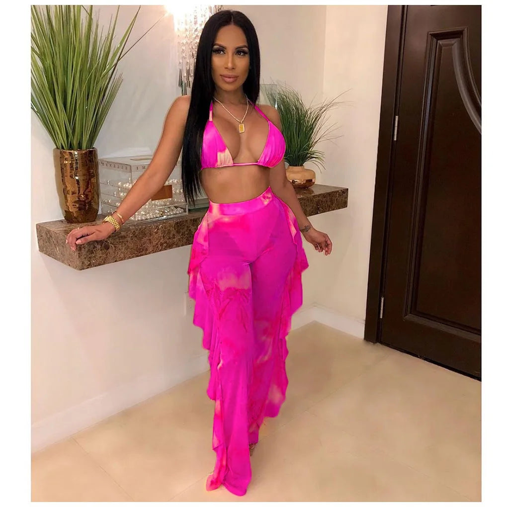 Bra+tassel Pants Suit  2 Piece Set Women Hot Pink Swimsuit Mesh Bathing Suit Sexy Matching Swimwear Viquinis Mujer 2022