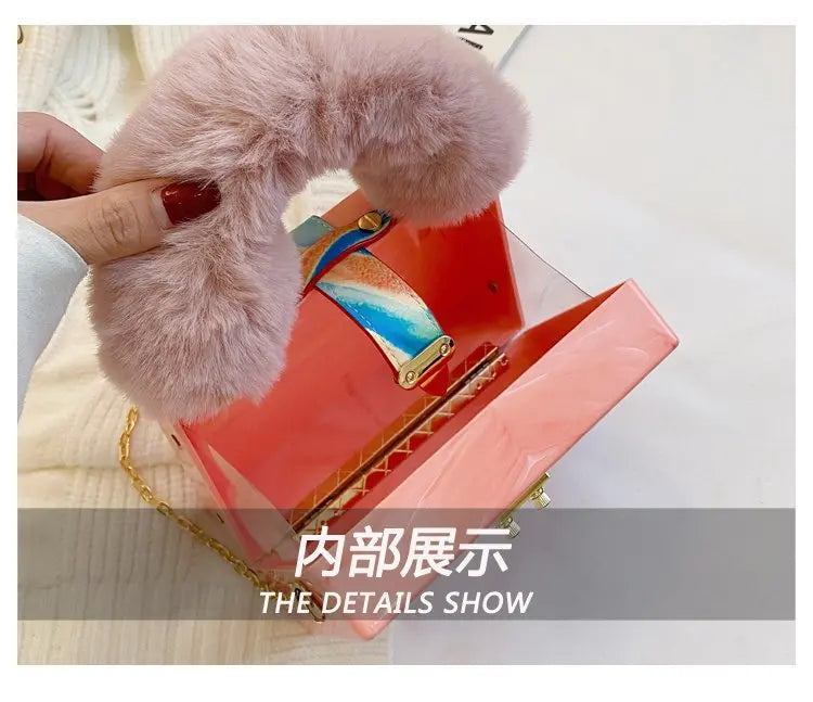 Faux Fur Top Handle Acrylic Party Box Clutch Fashion Purses and Handbags for Women Designer Evening Bag Chain Shoulder Bag