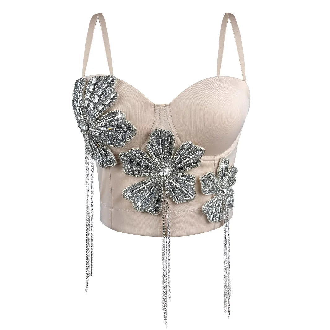 3Colors Women Fashion Diamonds Embroidery Flowers Tassel Bustier Corset Crop Tops To Wear Out Evening Club Party Camisoles Top