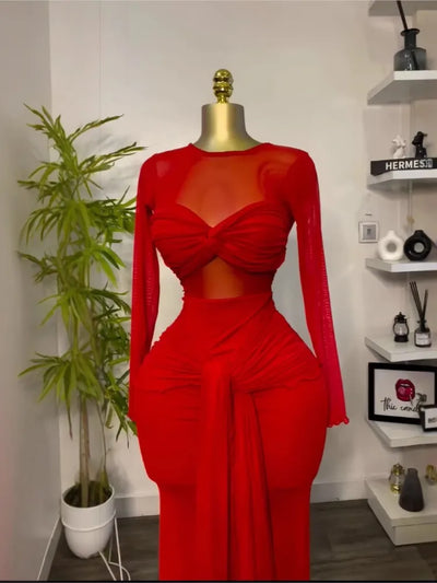 Neue Damen lange Kleider Sexy Rundhals Langarm Hohe Taille Elegant Spleiß Bodycon Abend Vestidos Maxi Party Nachtkleid