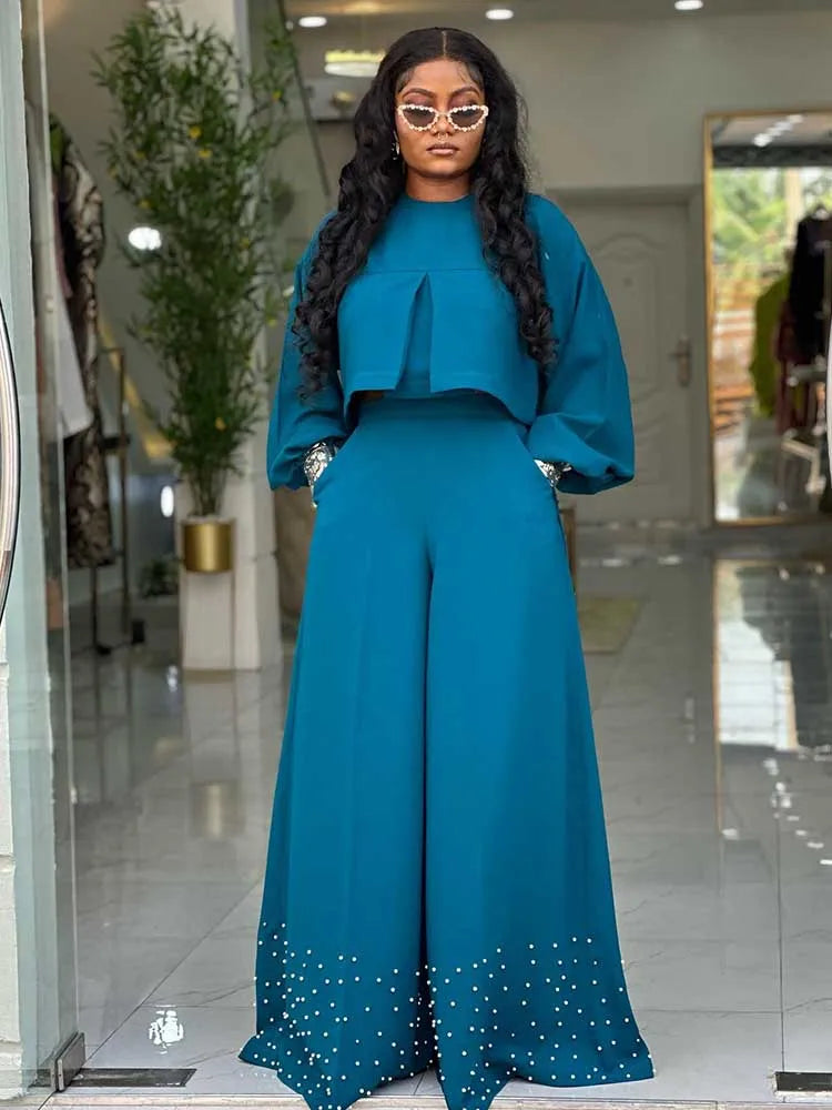 Frühlingskleidung für Damen, 2-teilige Sets Damen-Outfit, Laternenärmel-Anzug mit weiter Hose und Top, High Street Elegante Damen-Sets