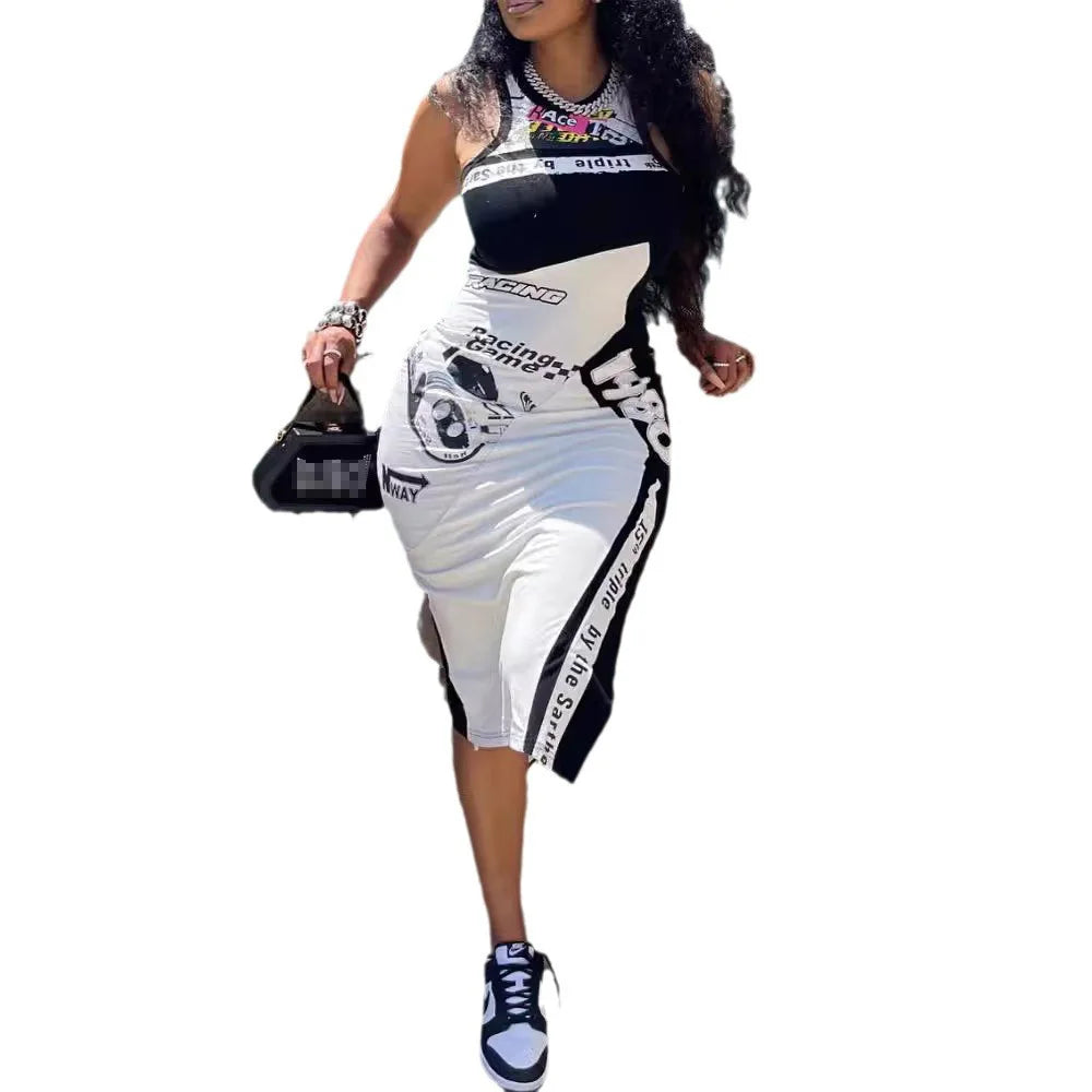 STYLISH LADY Letter Printed Hip Hop Dress 2025 Summer Women Sleeveless O Neck Bodycon Sexy Club Midi Split Vestidos De Festa