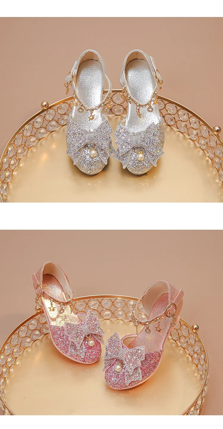 Girls Leather Shoes High Heeled for Wedding Party Glitter Rhinestone with Bow-knot Kids Dress High Heels Pendant Bling Sparkling