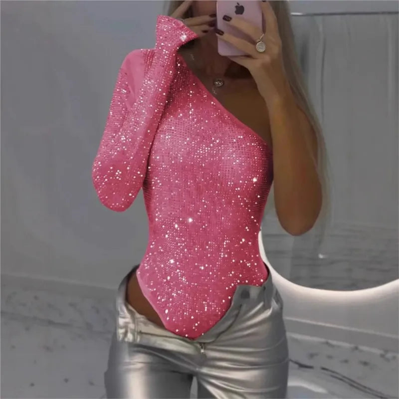 2025 Spice Girls Sexy Pailletten-Top, One-Shoulder, eng anliegend, mit Strasssteinen, einfarbig, Silber, einteilig, Mode, Party, Nachtclub, Sommer-Top