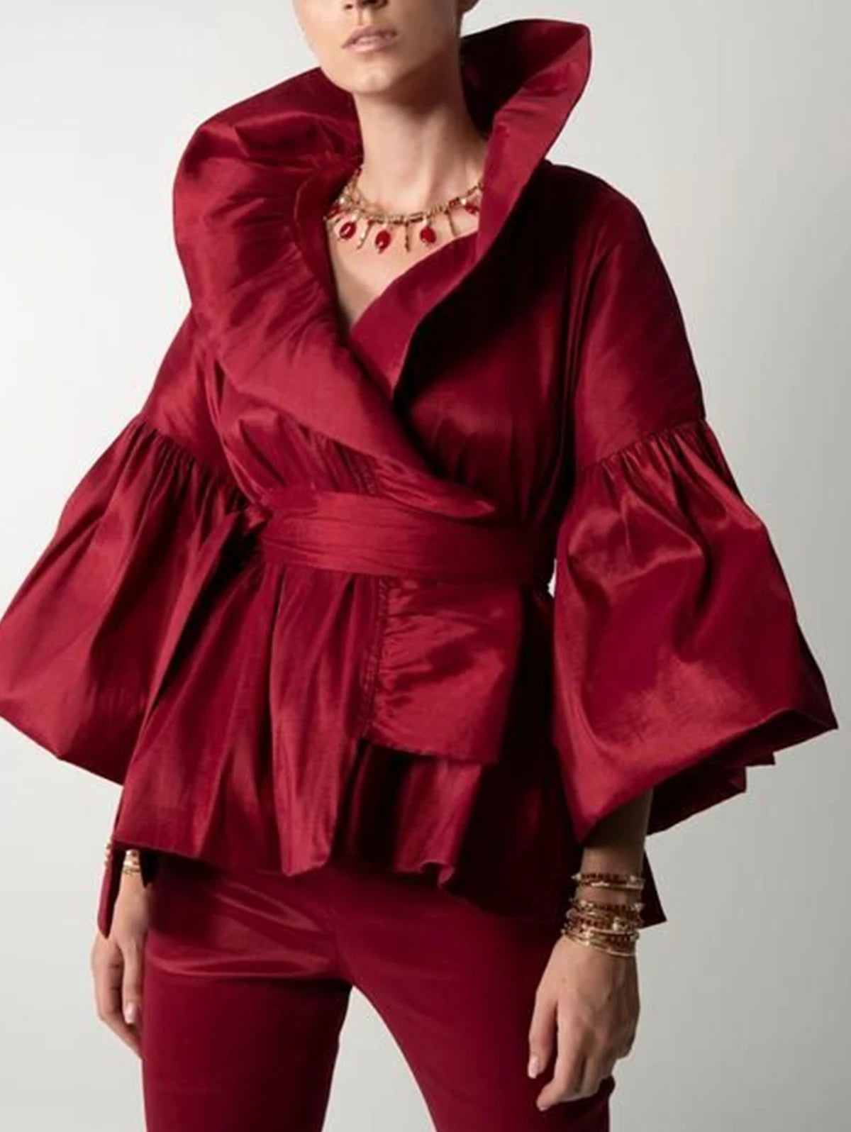 Lässige Puffärmel Rüschen Bluse Büro Damen Uni Farbe Wickelshirts Revers Kragen Elegantes Hemd Damen Mode Weiblich