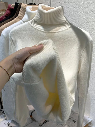 Damen Rollkragen Winterpullover Elegant Verdicken Samt Gefüttert Warmer Strickpullover Slim Tops Jersey Strickmode Jumper Neu