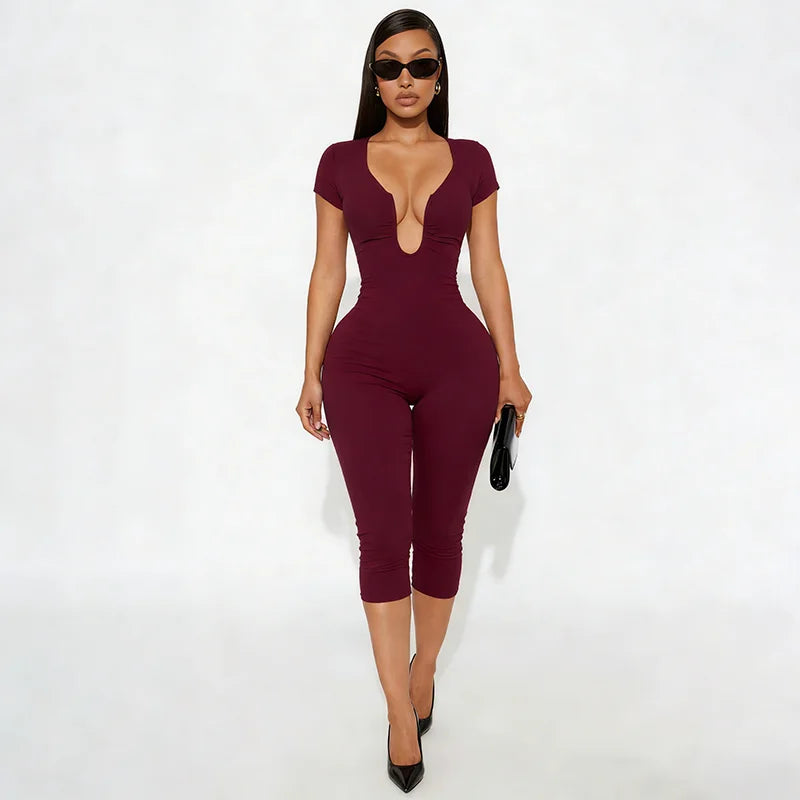 Solid Color Sexy Slim Fit and Slimming Chest U-Neck Jumpsuit, Versatile and Fashionable Jumpsuit Cropped Pants