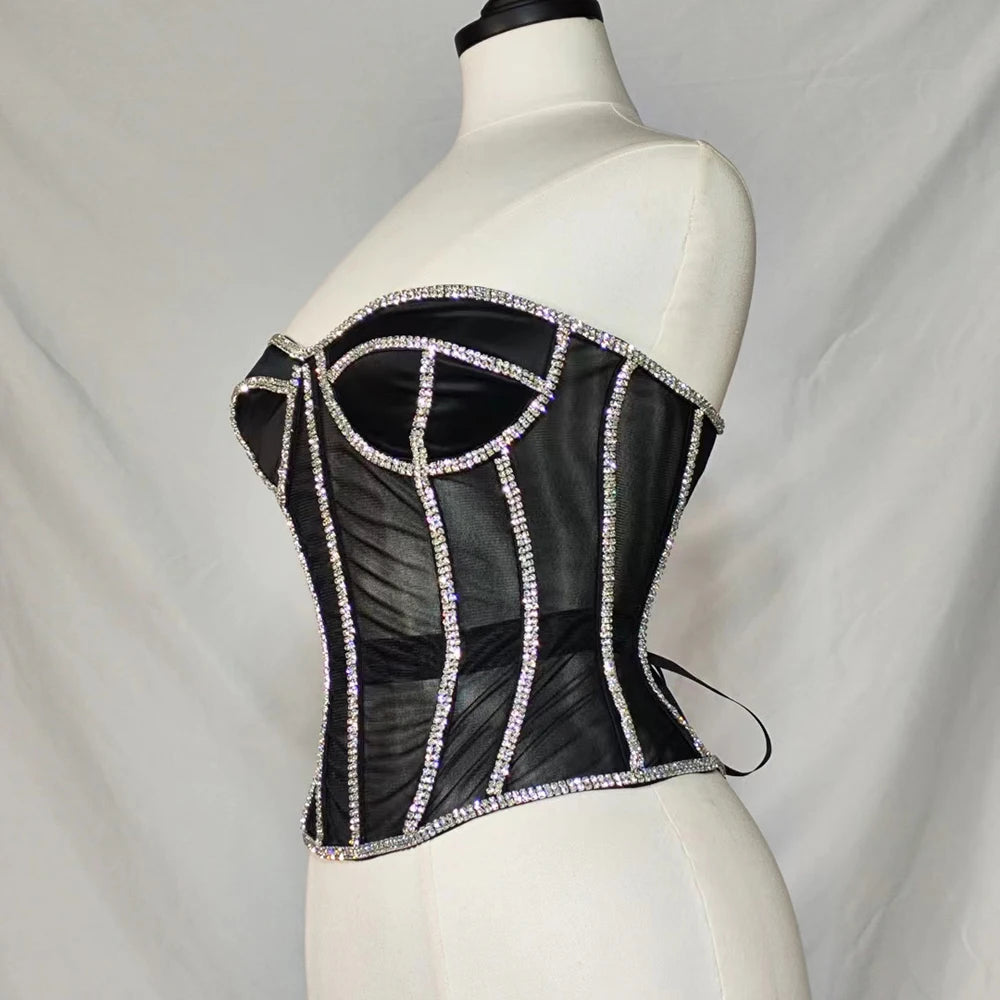 Women Abdomen Corset Crops with Bra Shiny Rhinestone Transparent Breathable Mesh Hand Made Bodices Push Up Bustiers Custom Made