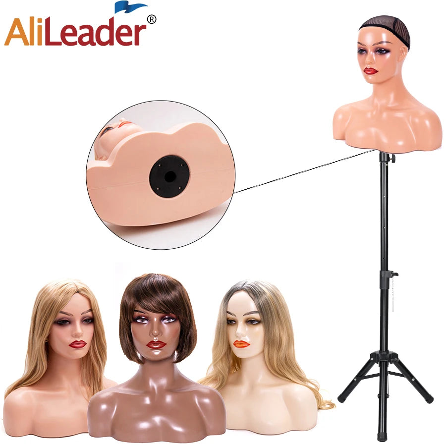 Weibliche Schaufensterpuppenkopf mit Schulter Mannequin Kopf Büste Perückenkopf Ständer mit Make-up für Perücken Präsentation Halskette Kostenlose Ohrringe, Perückenkappe