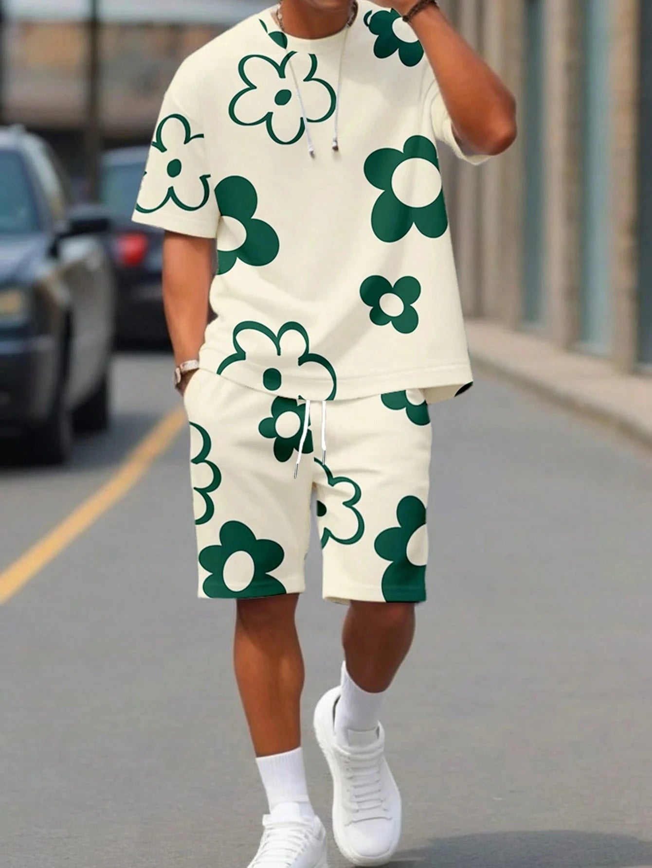 Fashion Men's Black and White Flower Graphic Print T-shirt Shorts 2-piece Set O-neck Short Sleeve Top Elastic Waist Shorts Set