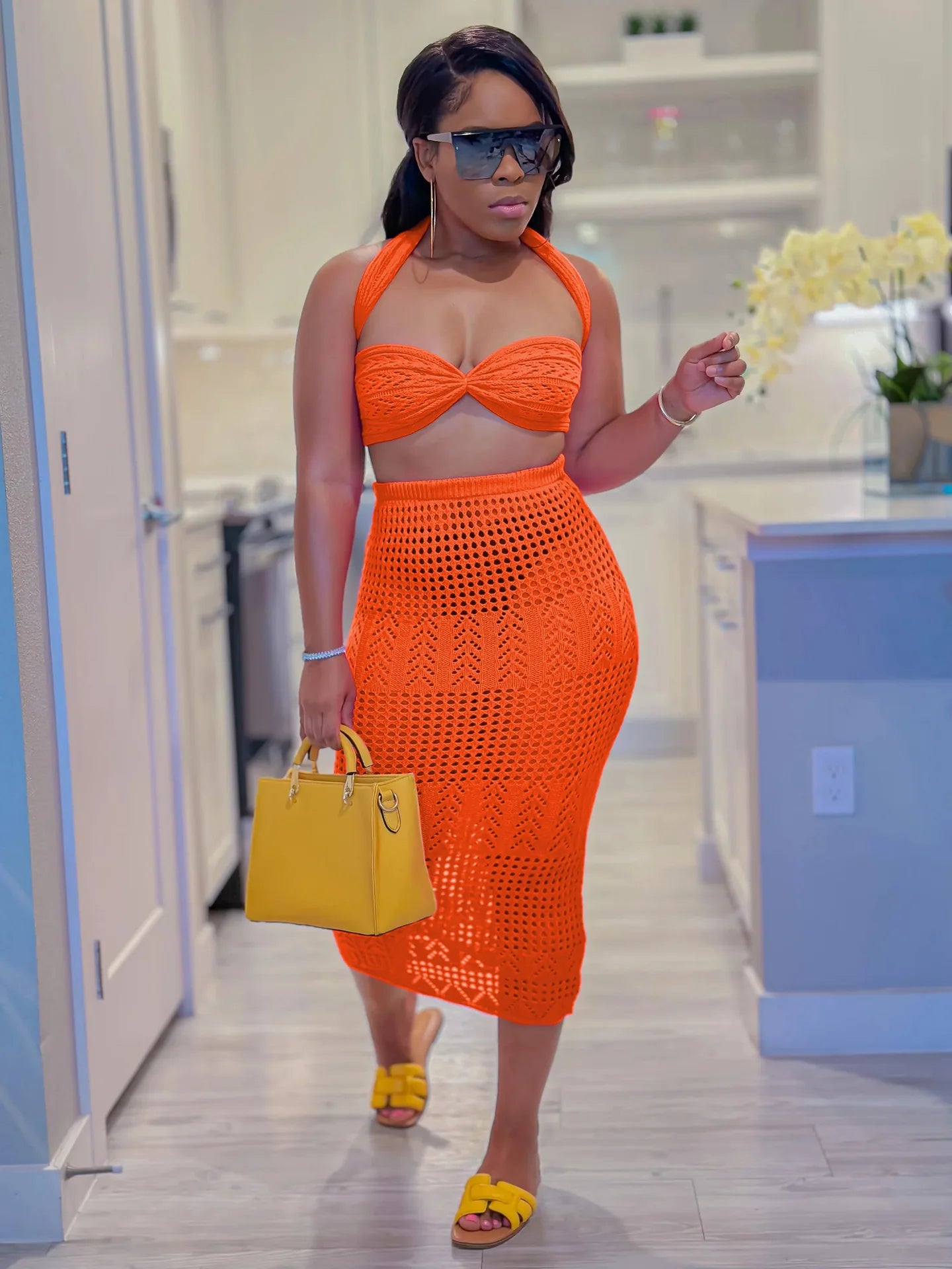 CM.YAYA Crochet Knitted Women's Sets Sleeveless Tops+ Skirts Suits 2024 Summer Two 2 Piece Set Outfit Beach Holiday Tracksuit