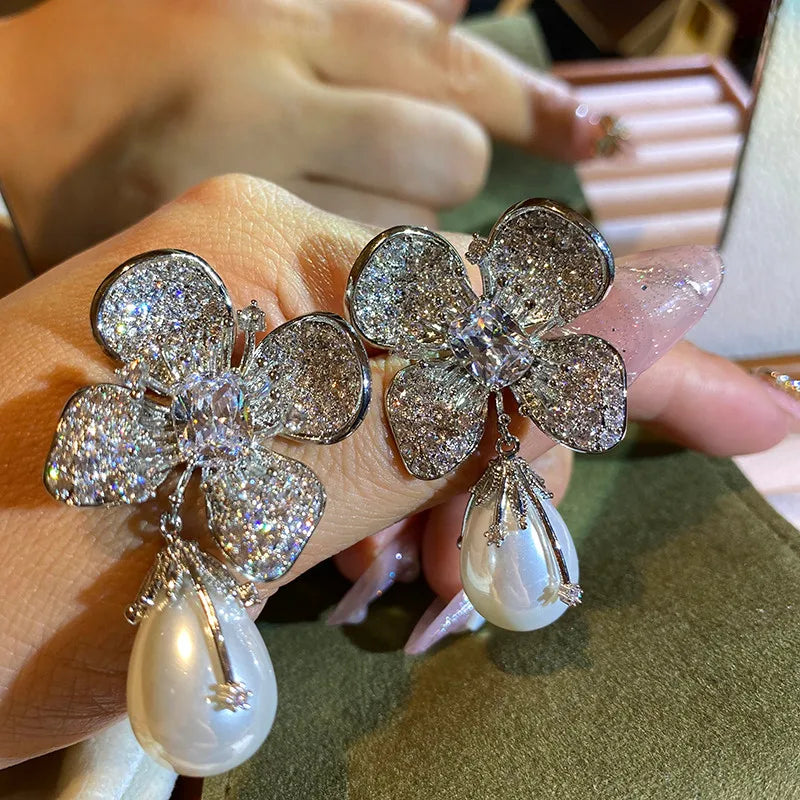 Zircon Pearl Temperament Flower Luxury Exquisite Earrings