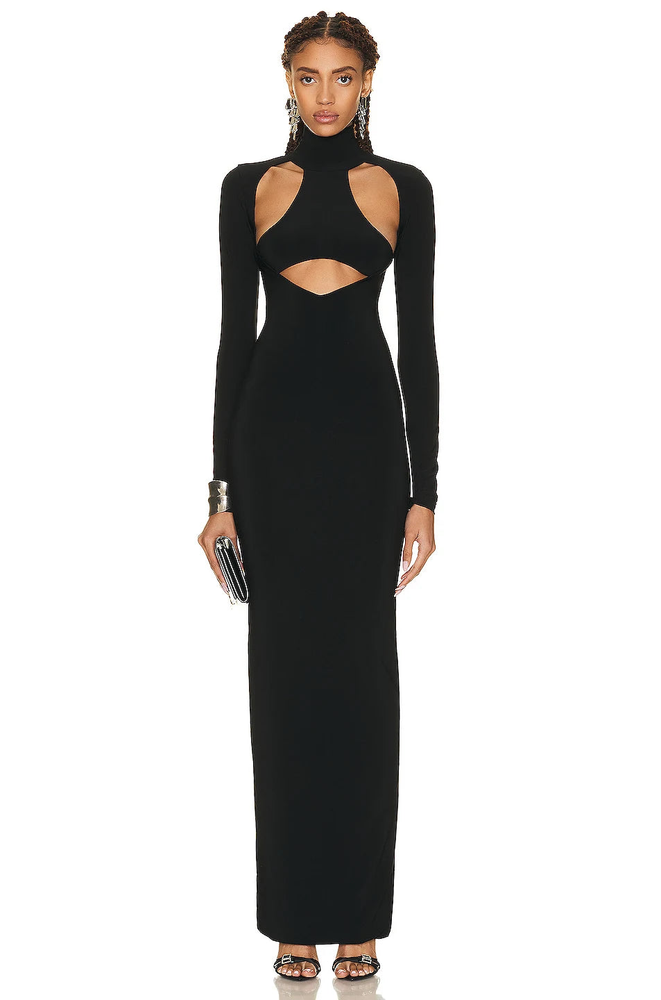 Damen Herbst Stretch-Bandage Aushöhlung Langarm Slim Maxi Schwarz Rückenfrei Bodycon Mode Clubs Celebrity Party Kleider