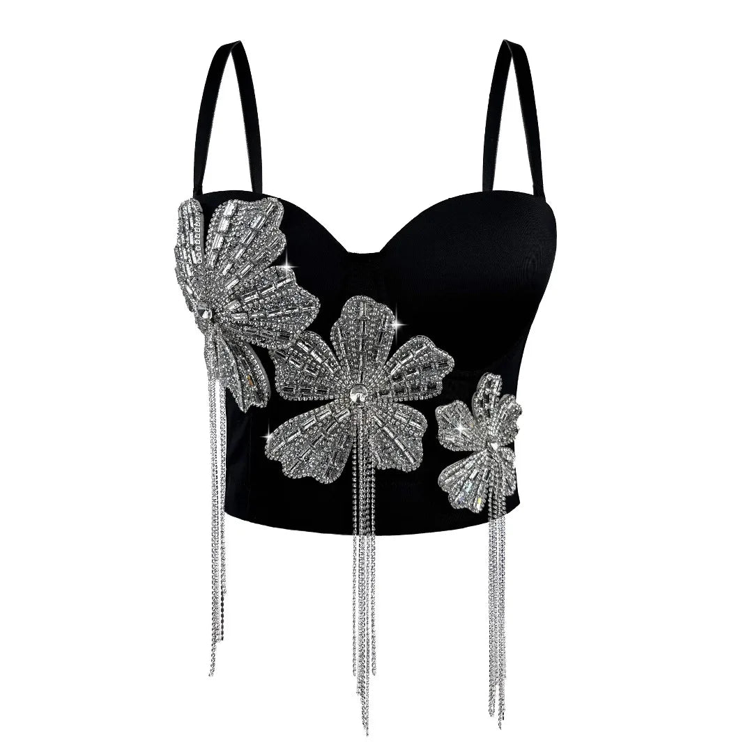 3Colors Women Fashion Diamonds Embroidery Flowers Tassel Bustier Corset Crop Tops To Wear Out Evening Club Party Camisoles Top