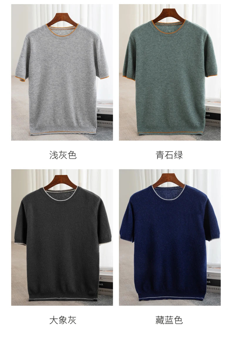 Men's T-shirt 2024 Summer New Knitted Tank Top Fashion Color Block Round Neck Pullover Sweater 100% Pure Wool Short sleeved