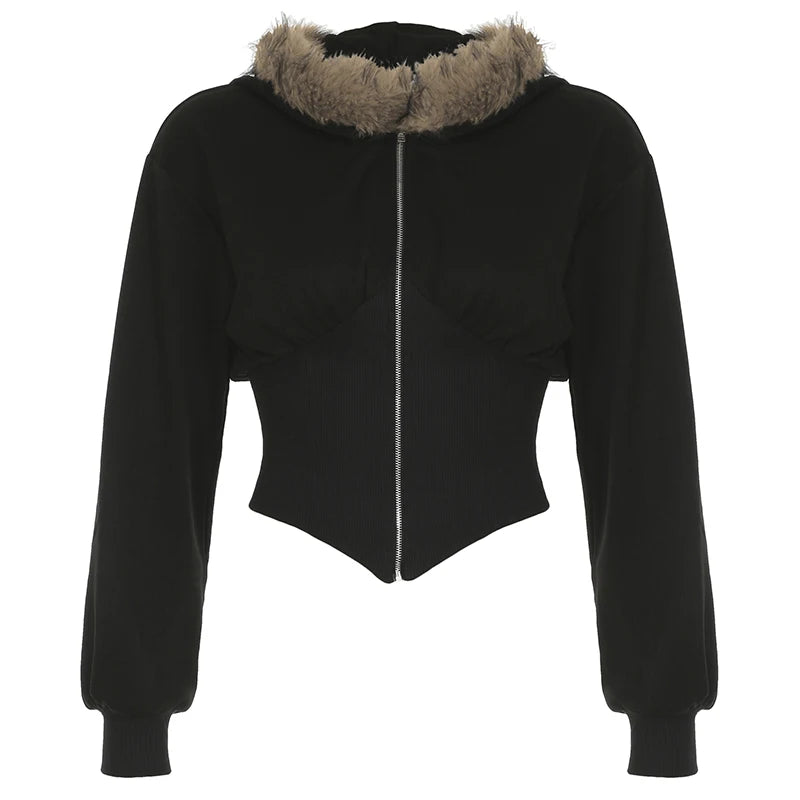 BIIKPIIK Pelzkragen Kapuzenmäntel für Damen Lässiger Reißverschluss Slim Hoodies Einfache All-match Schwarz Harajuku Mantel Herbst Winter Sweatshirts