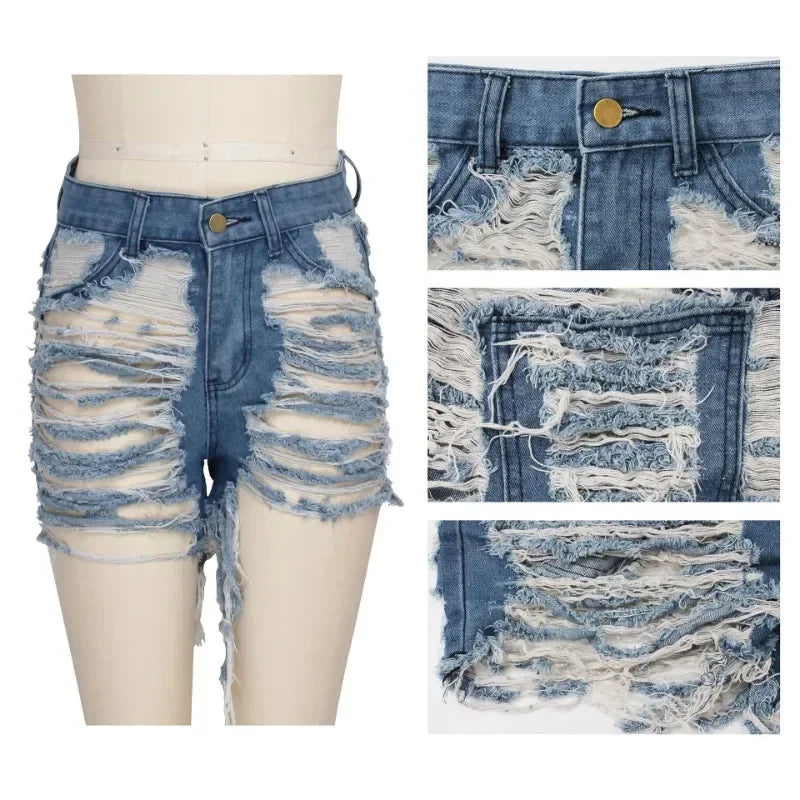 New Ripped Denim Shorts Women Bottoms Female Jeans High Waist Holes Tassel Classic Denim Shorts Close-Fitting Pants Fashion