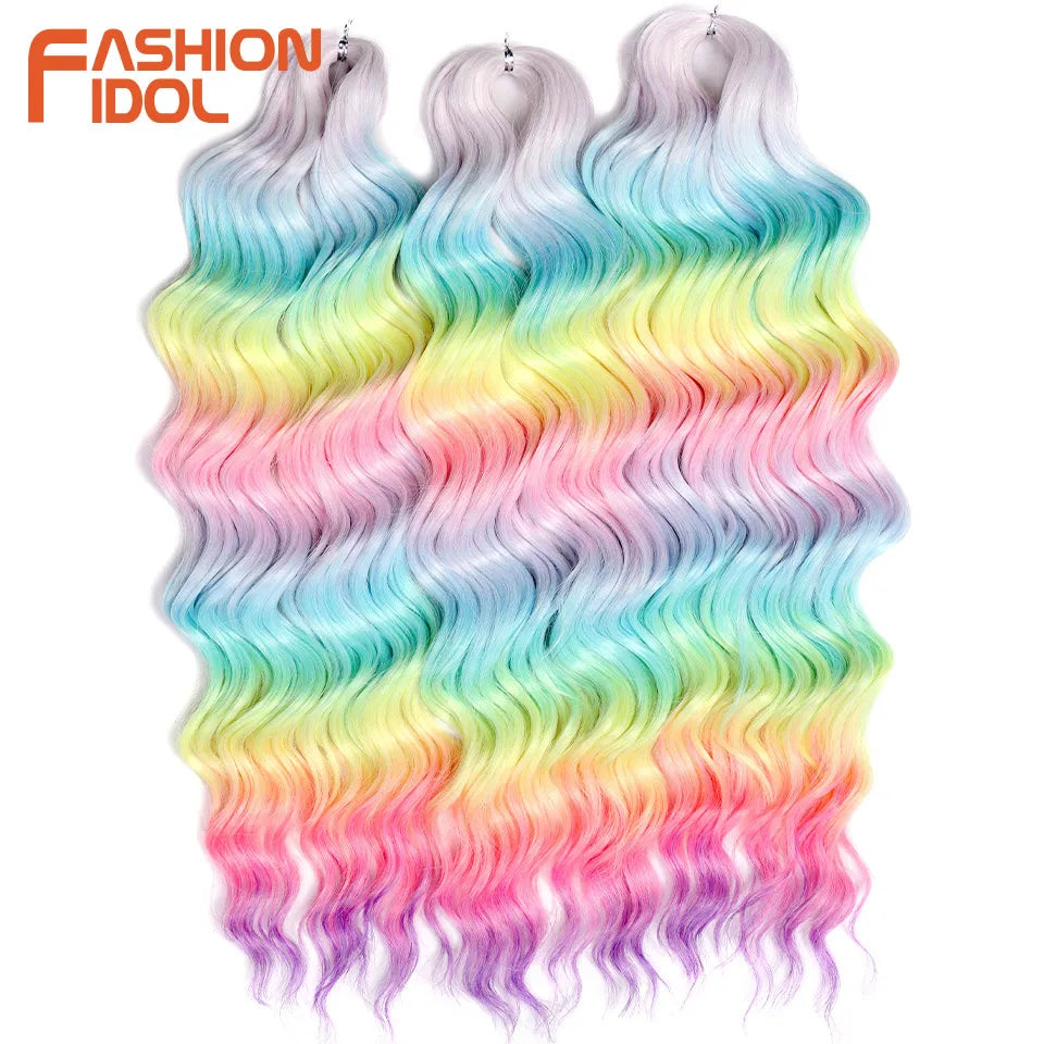 FASHION IDOL 24-Zoll Häkelhaar Synthetische Wasserwelle Flechthaarverlängerungen Ombré Regenbogenfarbe Kunsthaar Deep Wave Lockenhaar