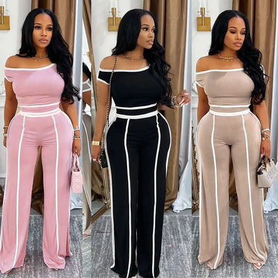 Casual Women's Solid Color Set with Diagonal Shoulders and Wide Legs, Two Piece Set, Summer 2025