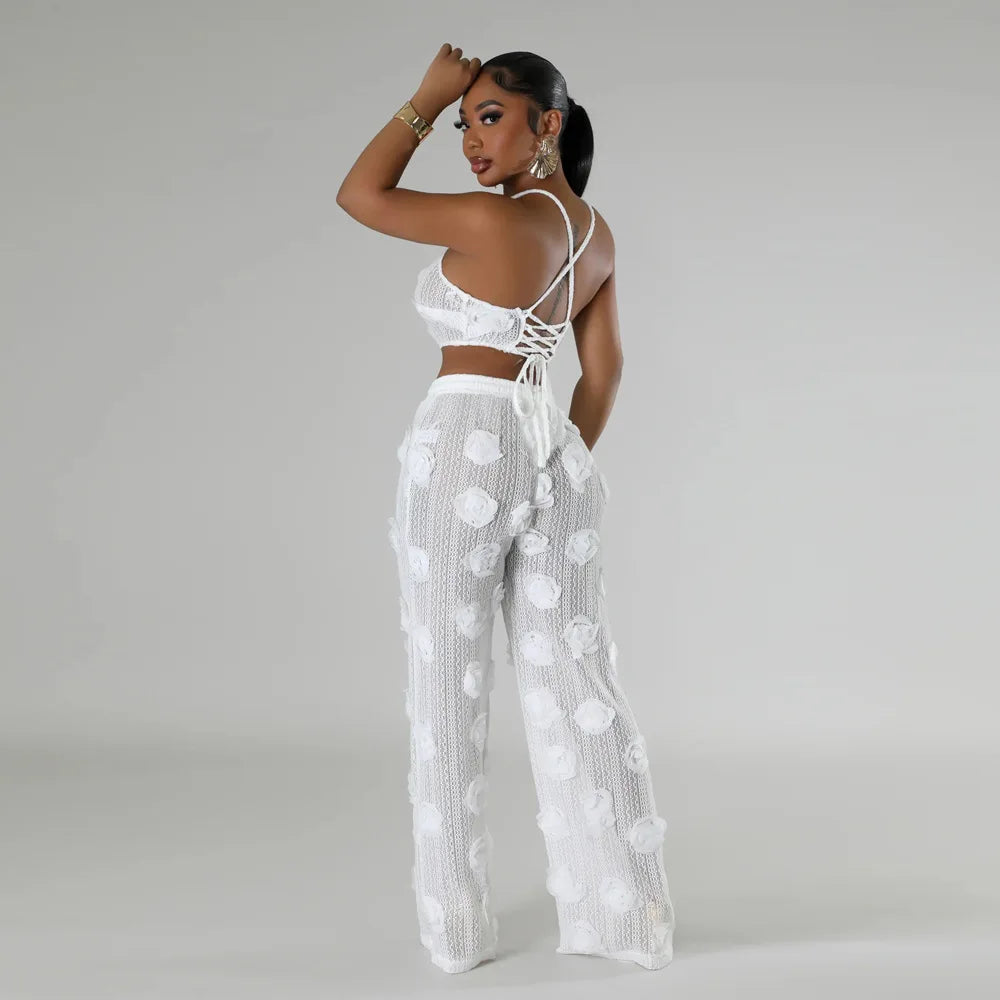 Women Two Piece Pant Sets Sexy Hollow Out Vest Sleeveless Tanks Tops Splice Long Pants Drawstring Streetwear Summer 2025