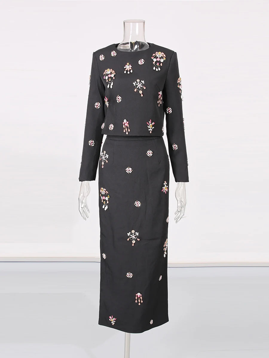 TWOTWINSTYLE Luxury Style Two Piece Set For Women O Neck Long Sleeve Topa High Waist Skinny A Line Skirt Set Female KSE524945