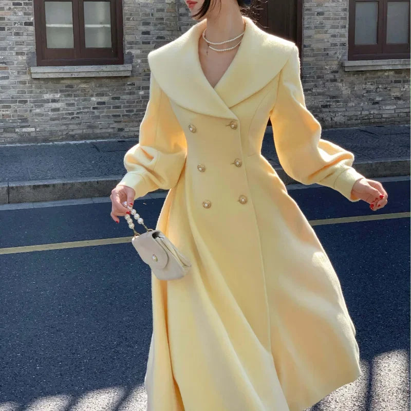 Plus Size 2024 Autumn/Winter New Style French Vintage Tweed Large Lapel Woolen Overcoat Long Sleeve Double Row Button Overcoat
