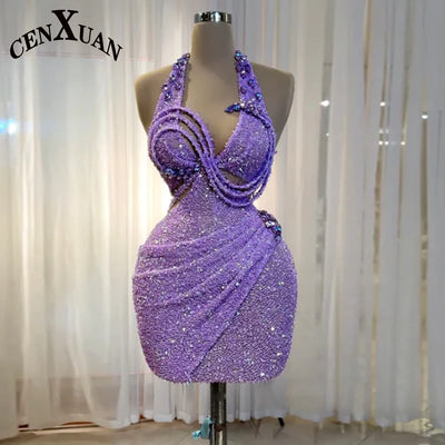 CENXUAN Elegant Halter Mini Cocktail Dress with Rhinestones Sleeveless Pleat Short Party Dresses Vestidos De Noche Customized
