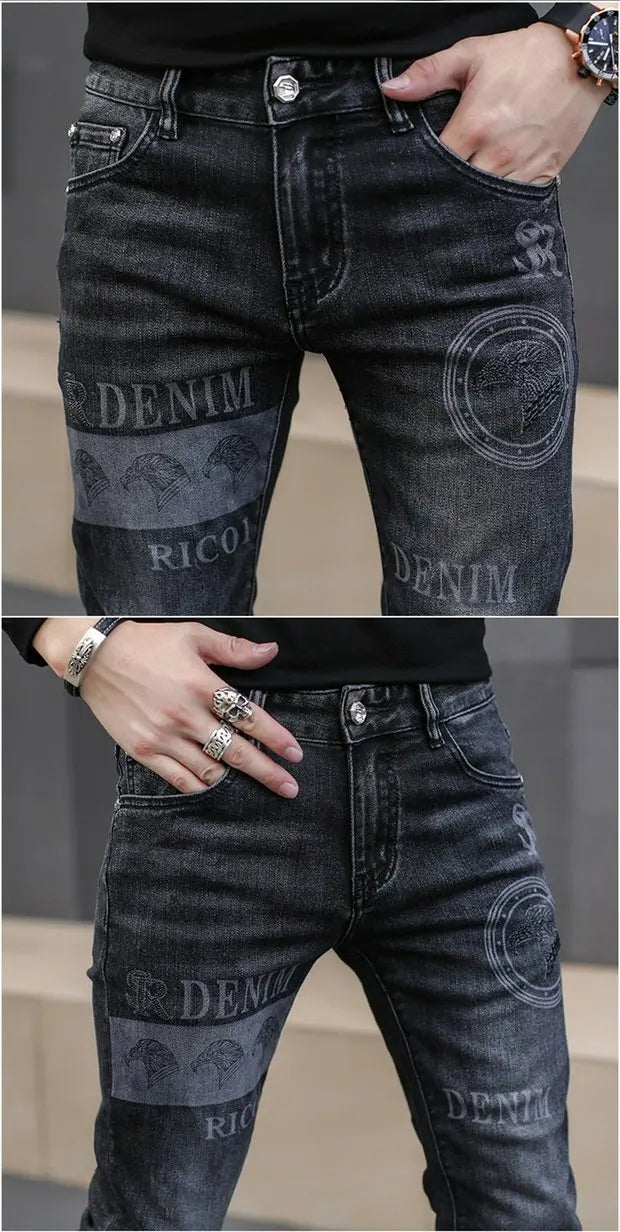 Fashion Printed Jeans Men's Korean Brand Embroidery Badge Pattern Youth Ripped Small Feet Teenagers Cowboy Pencil Pants