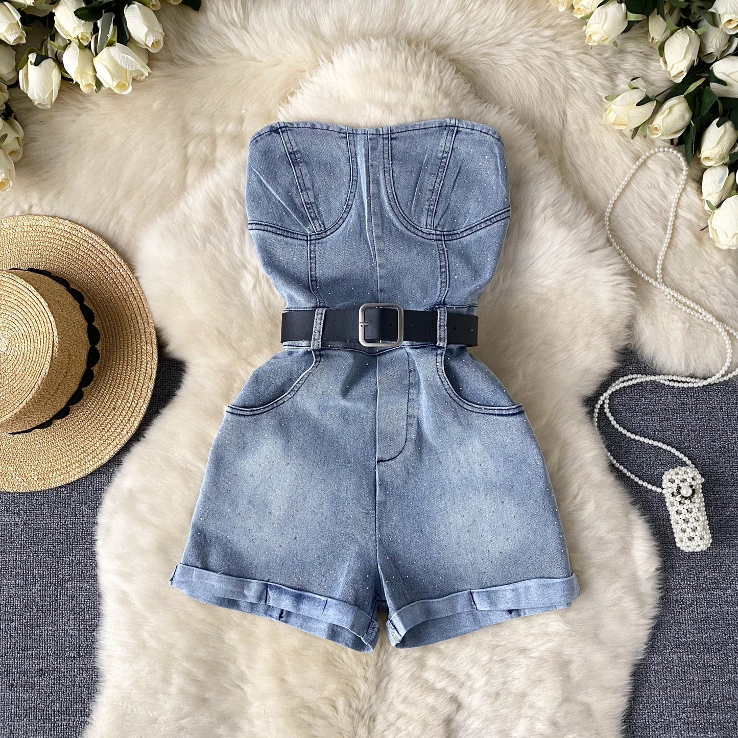 Damen Jeans Jumpsuit Sommer Playsuit Mode Hot Drill Hoher Bund Schmal Ärmellos Trägerlos Gürtel Outfits
