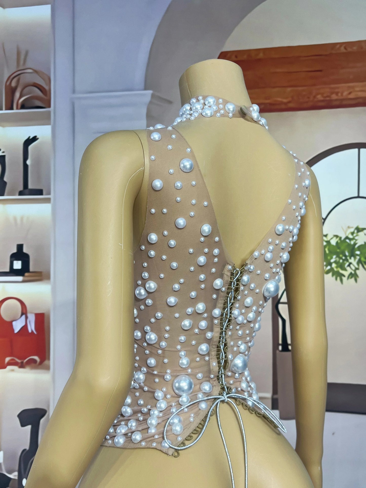 Nightclub Big Pearls Bandage Top Collection Party Shiny Rhinestones Sexy  Backless Singer Dancer Show Party Show Costume dazhu