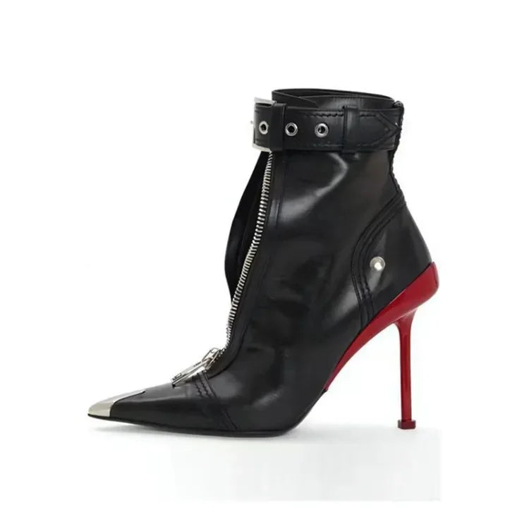Gürtelschnalle Reißverschluss vorne Modenschau Stiefeletten Damen Herbst Winter Neu Spitz Metallverzierung Rote High Heels Ankle Boots