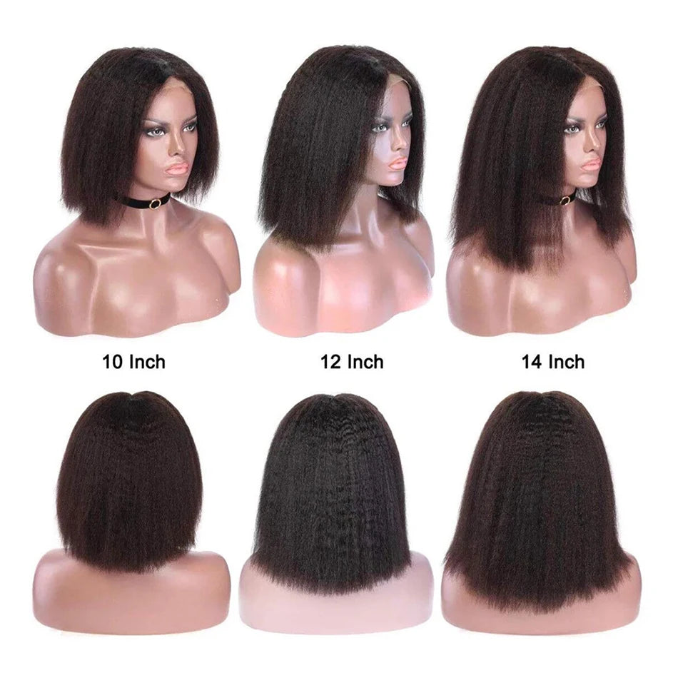Peruvian Kinky Straight Wig Glueless Short Bob Wigs Human Hair 13X4 Yaki Straight Lace Front Wig Pre Plucked Closure Wig 180%