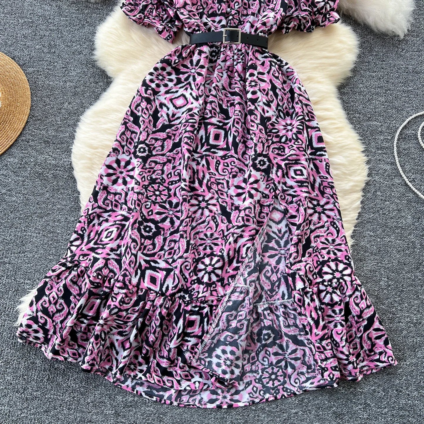 Sommer Plissiert Damen Knopfkleider Lässige Strandurlaub Kurzarm V-Ausschnitt Damen Midikleid Böhmische Mujer Vestidos