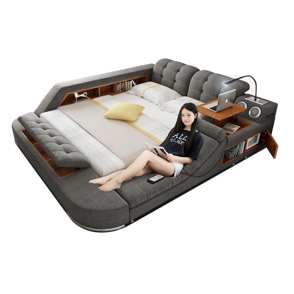 MANBAS Tech Smart Bed Frame Multifunctional Massage Bed Ultimate Bed Fabric/ Cloth Tatami Upholstered Bed with Bluetooth Speaker