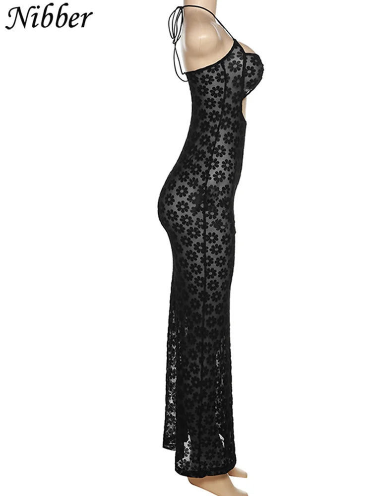 Nibber Solid Color Hanging Neck Maxi Dress Sexy Hollow Women Perspective Bag Hips Robe Female Street Trendy Dresses Clothing