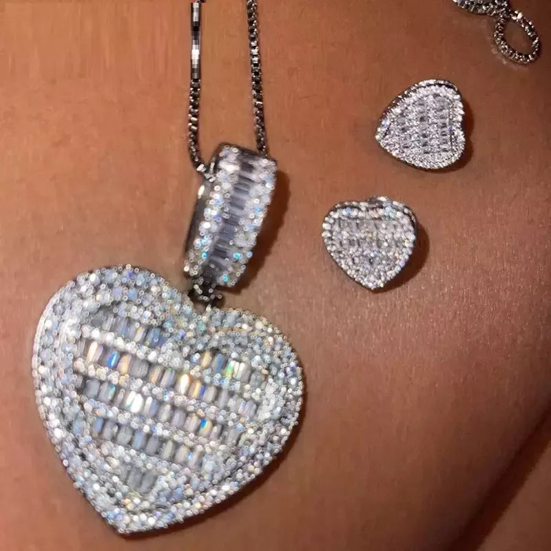 Auf Lager Iced Out Bling Damen Schmuck 5A Weißer Zirkonia Herzanhänger Halskette Mit Tennis Box Chain
