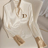 Elegante französische Damen Bluse aus weißem Satin mit Umlegekragen Langarmbluse Herbst/Winter für Frauen Lässig Schlicht Office Lady