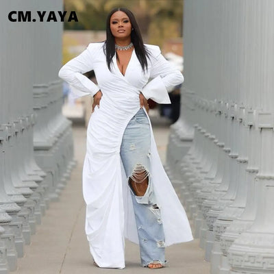 CM.YAYA Vintage Damen Langarm Hoher Seitenschlitz Gerafftes Wickelkleid Reverskragen Weiß Maxi Langes Kleid Mode Street Kleider