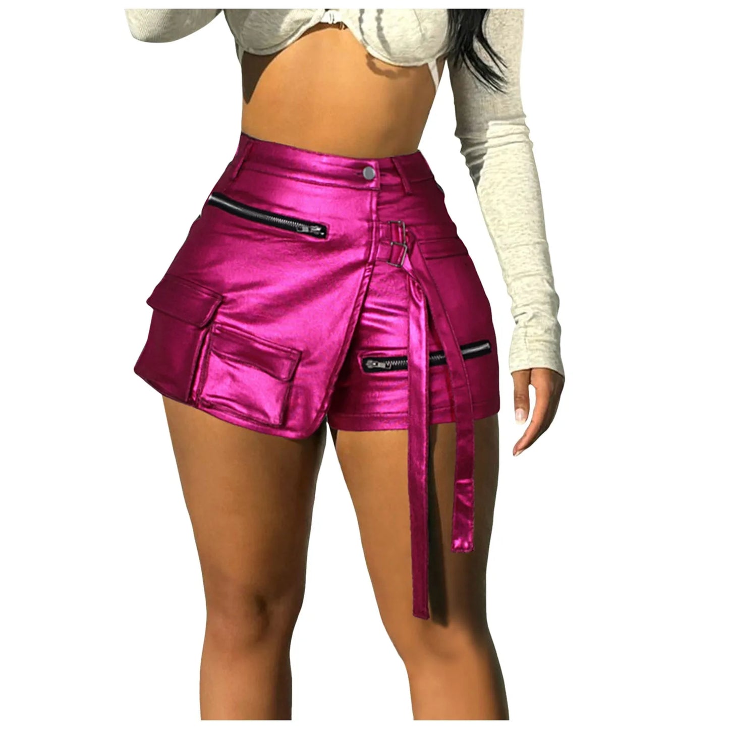 Womens Glitter Metallic Pu Leather Booty Shorts Elastic Waist Solid Color Hotpants With Tight Fit Shorts Nightclub Bar Shorts