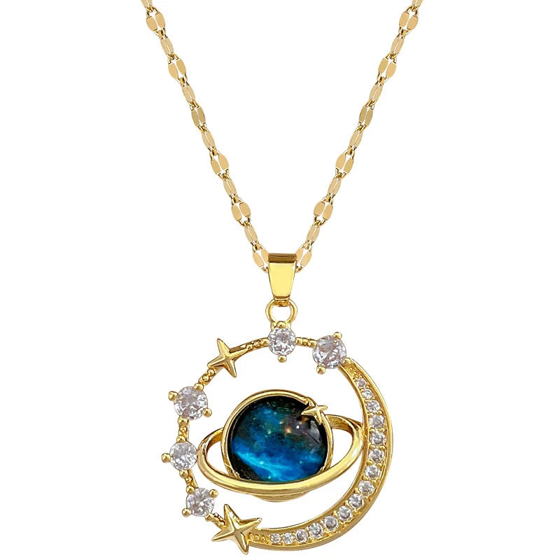 Stainless Steel Zircon Planet Star Pendant Necklace For Women Elegant Aesthetic Clavicle Chain Necklace Jewelry Party Gift
