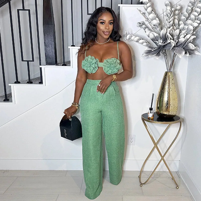 Pants Sets Women Sexy Camisole Top Straight Trousers 2 Piece Suit 3d Flower Backless Spaghetti Strap Tops Summer Outfits 2026