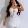 New Sexy Off Shoulder 3D Flower See Through Strapless White Mini Dresses Women‘s Elegant Birthday Evening Guest Party Prom Robe
